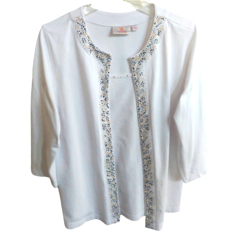 Quacker Factory Twin Set Size L White Beaded Long Sleeve Cardigan Shell